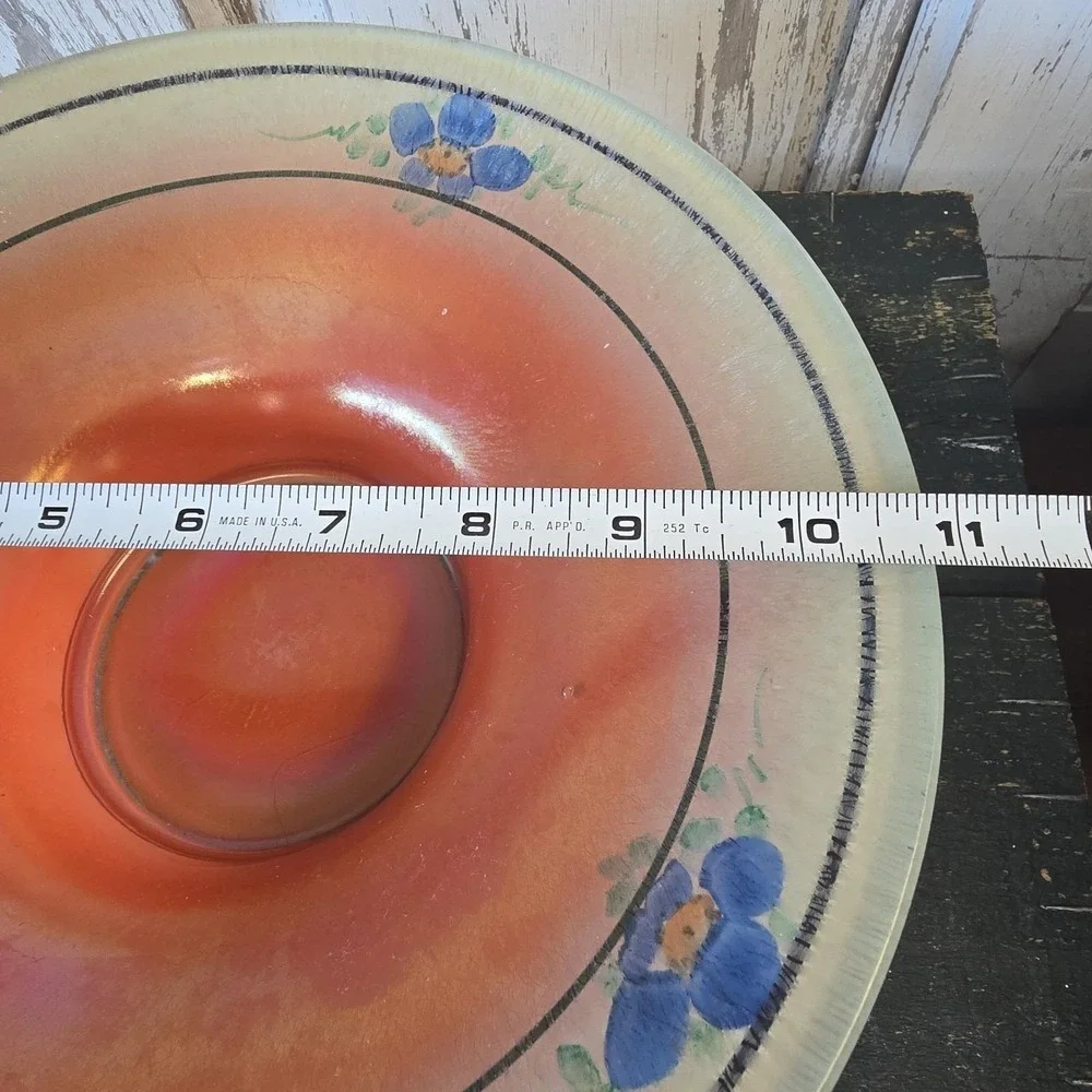 Lancaster Stretch Glass Ruby Lustre‎ Orange Blue Flowers Bowl Compote